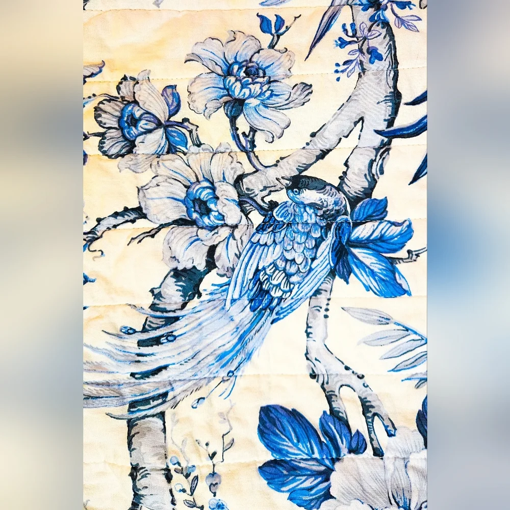 Rachel Zoe Full/Queen Blue & White Toile Bird Floral Quilt Set‎ 3pc